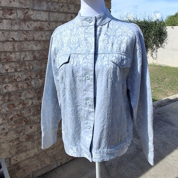 Bill Bass Brocade Blue Buttoned Long Sleeve Cotton Blend Jacket Women Size Large - Picture 4 of 16